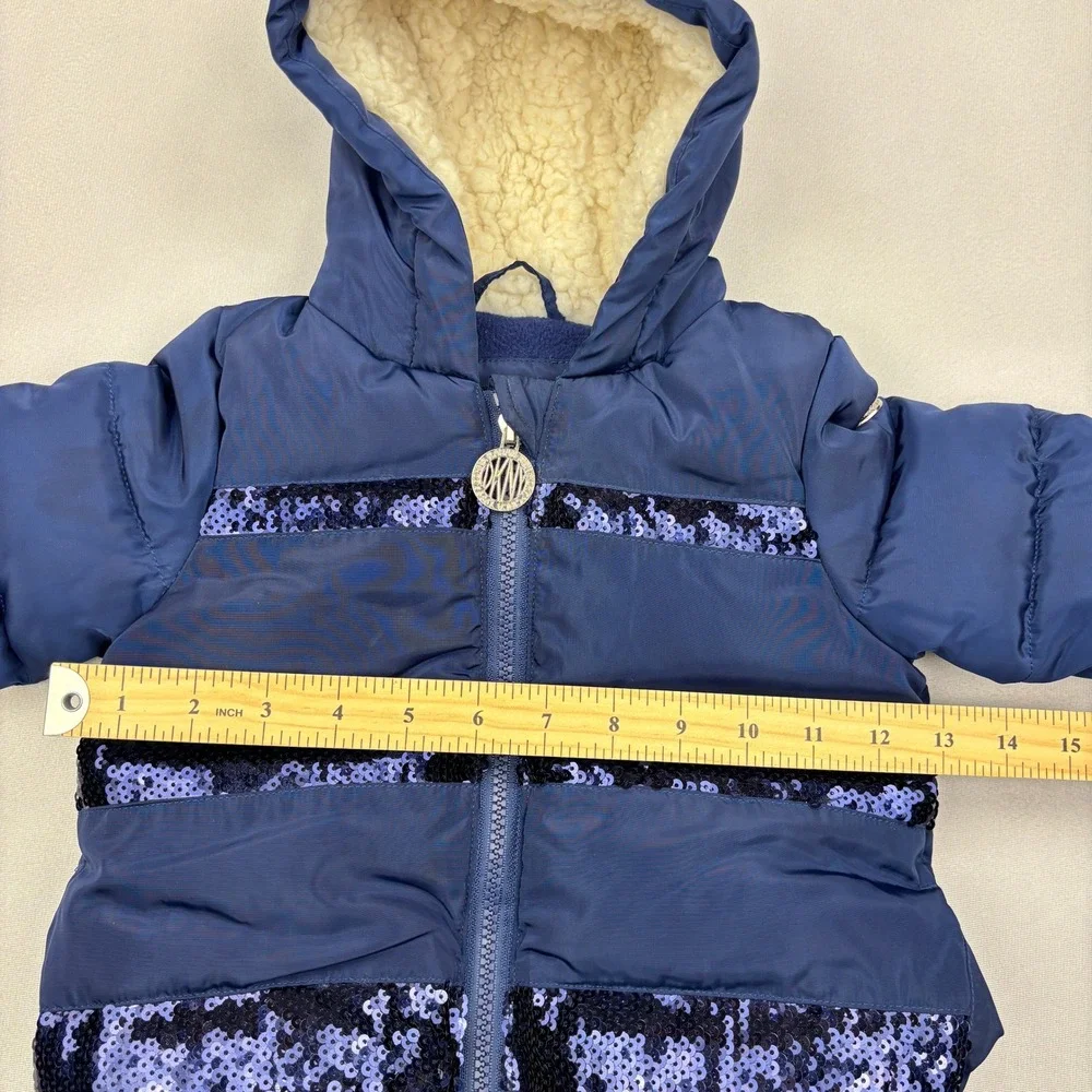 DKNY Puffer Jacket Baby Girls 12M Navy Blue Sequin Stripe Hooded Winter Coat